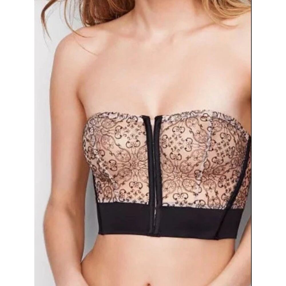 Victoria's Secret Embroidered Plunge Bustier Strapless Corset Bra Tan Black M